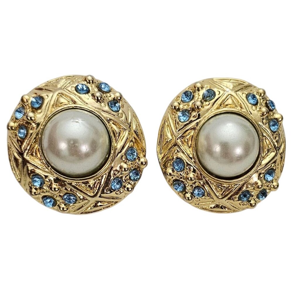 Two Sisters Gold Tone Round Clip On Earrings Blue Rhinestone Faux Pearl Signed